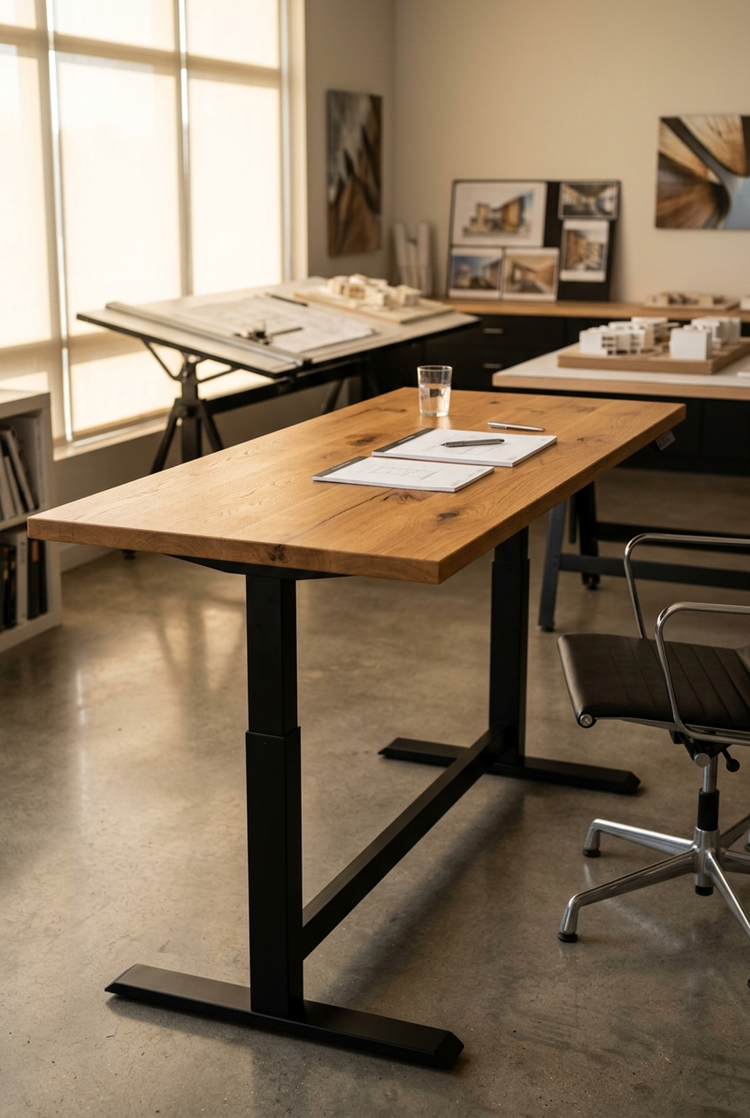 Solid walnut standing executive desk on a motorized steel base — Fargo Woodworks