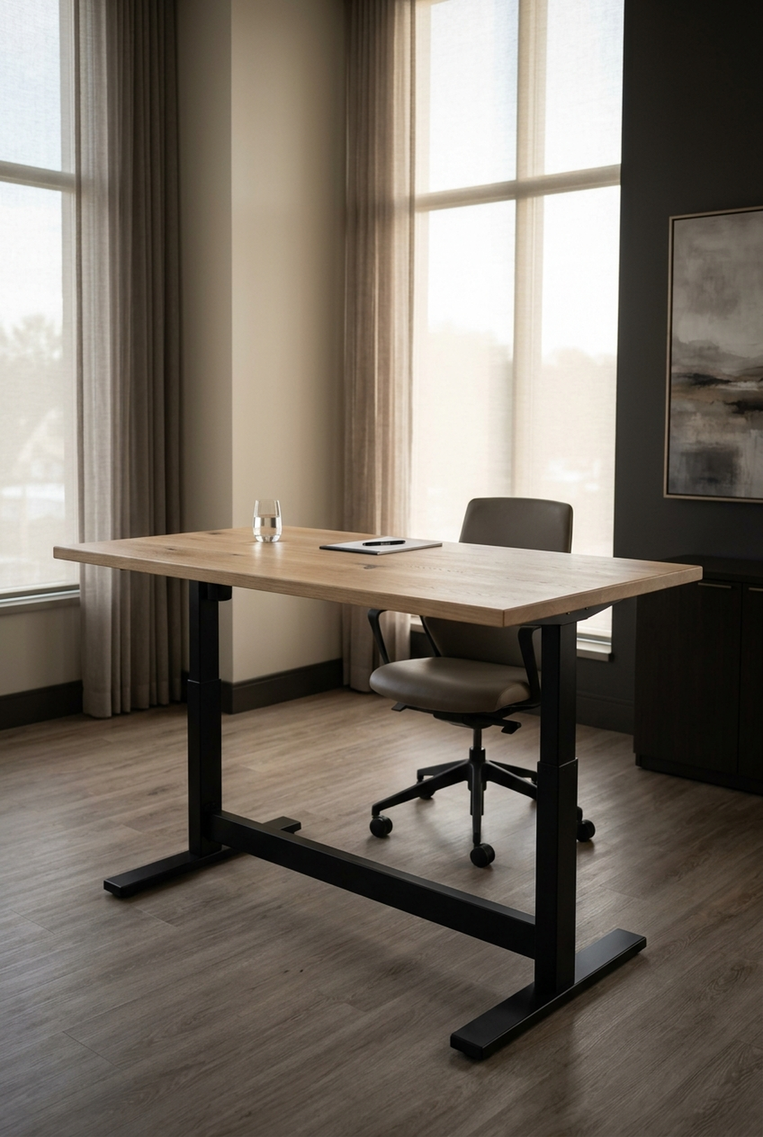 Solid white oak standing executive desk at standing height — Fargo Woodworks