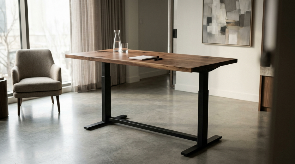 Solid walnut standing executive desk on a motorized steel sit-stand base — Fargo Woodworks