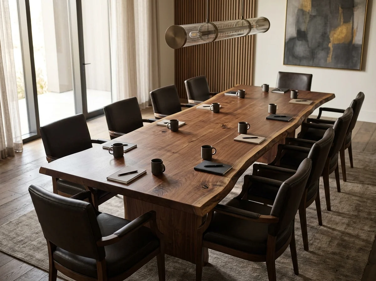 Stunning Black Walnut LIVE EDGE conference table for fourteen in a quietly luxurious executive boardroom — Fargo Woodworks