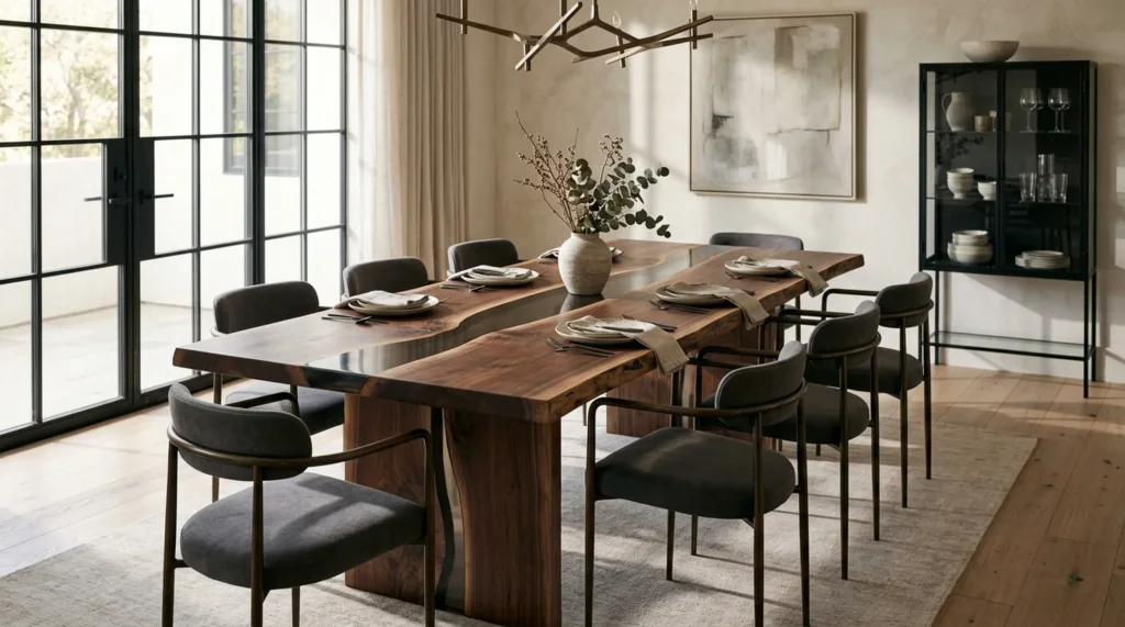 Stunning Black Walnut LIVE EDGE dining table with dark resin river running through center — Fargo Woodworks