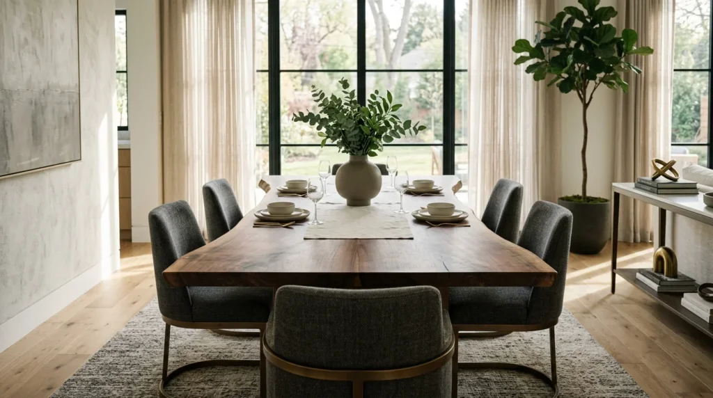 Stunning Black Walnut live edge dining table with pronounced undulating edges in sun-flooded modern dining room — Fargo Woodworks