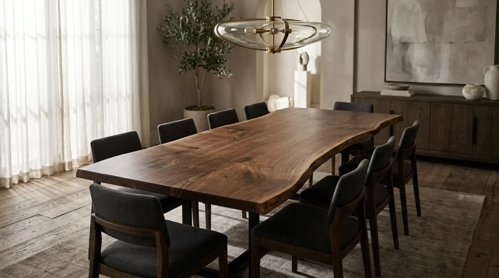Stunning Black Walnut LIVE EDGE dining table in a refined modern dining room — Fargo Woodworks