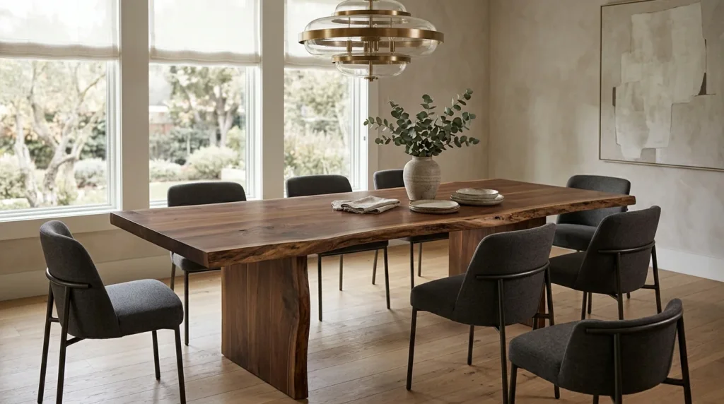 Stunning Black Walnut LIVE EDGE dining table in a refined modern dining room with eight chairs — Fargo Woodworks