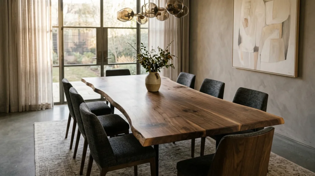 Stunning Black Walnut LIVE EDGE dining table in a refined modern dining room — Fargo Woodworks