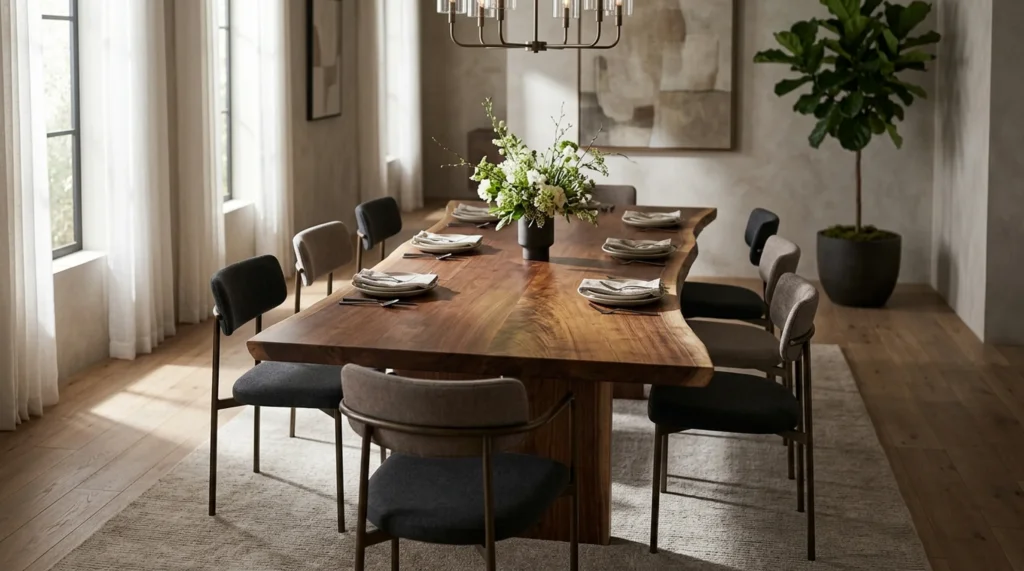 Stunning Black Walnut LIVE EDGE slab dining table for eight in a refined modern dining room — Fargo Woodworks