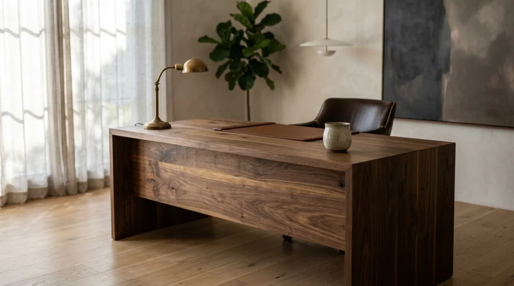 Stunning solid Black Walnut executive desk in a refined private office — Fargo Woodworks
