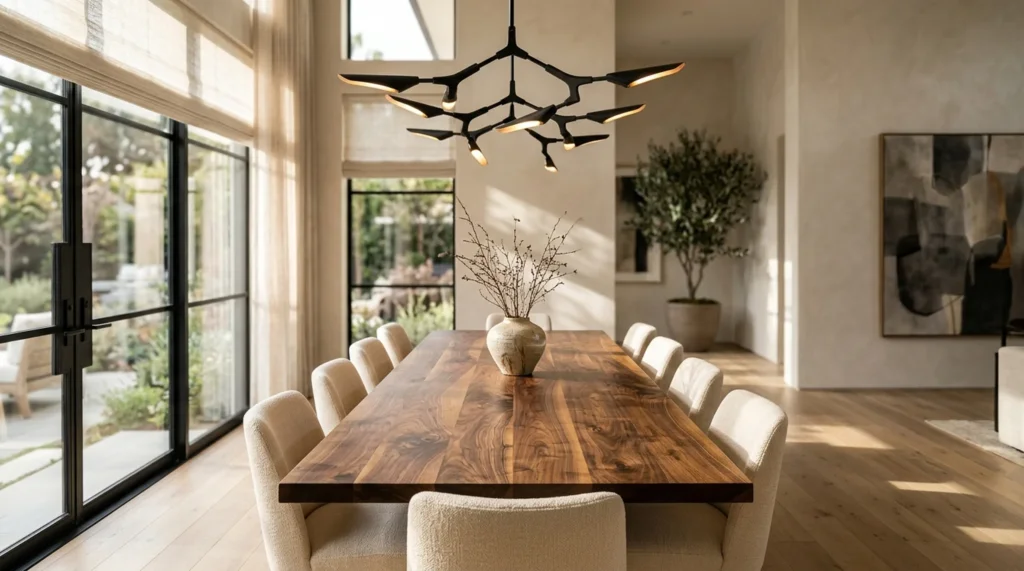 Sun-flooded modern dining room with a long Black Walnut dining table for ten — Fargo Woodworks