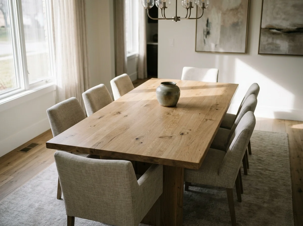Sunlit dining room with a White Oak dining table and eight upholstered chairs — Fargo Woodworks