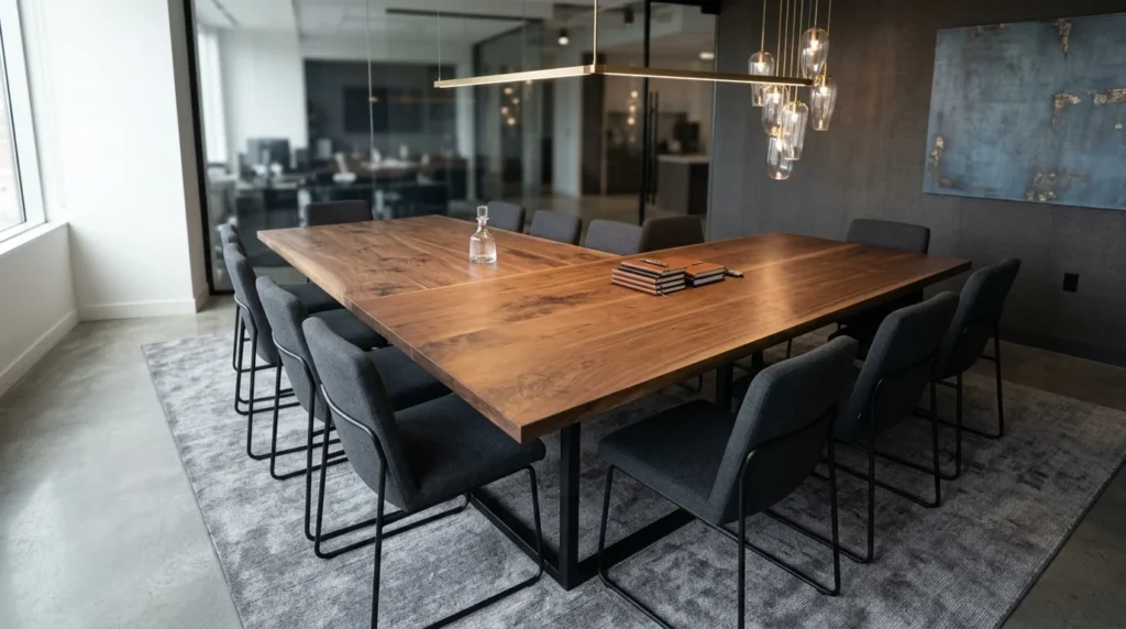 Ten-foot Black Walnut conference table for ten in a refined modern boardroom — Fargo Woodworks