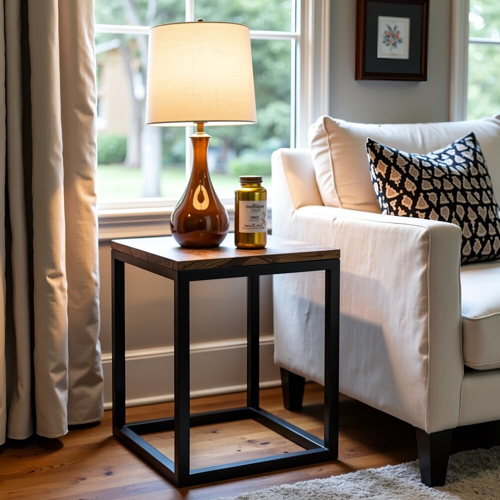 A cozy living room showcases The Sedona End Table next to a white sofa, topped with a brown lamp and a jar of pickles. A decorative pillow and curtains frame the window, offering a view of the lush greenery outside.