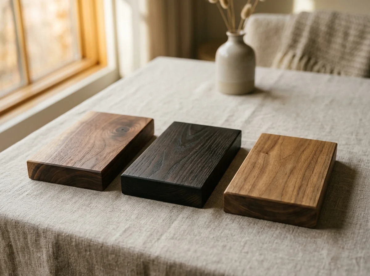 Three Black Walnut blocks showing clear oil, Rubio Black, and soft natural finishes — Fargo Woodworks