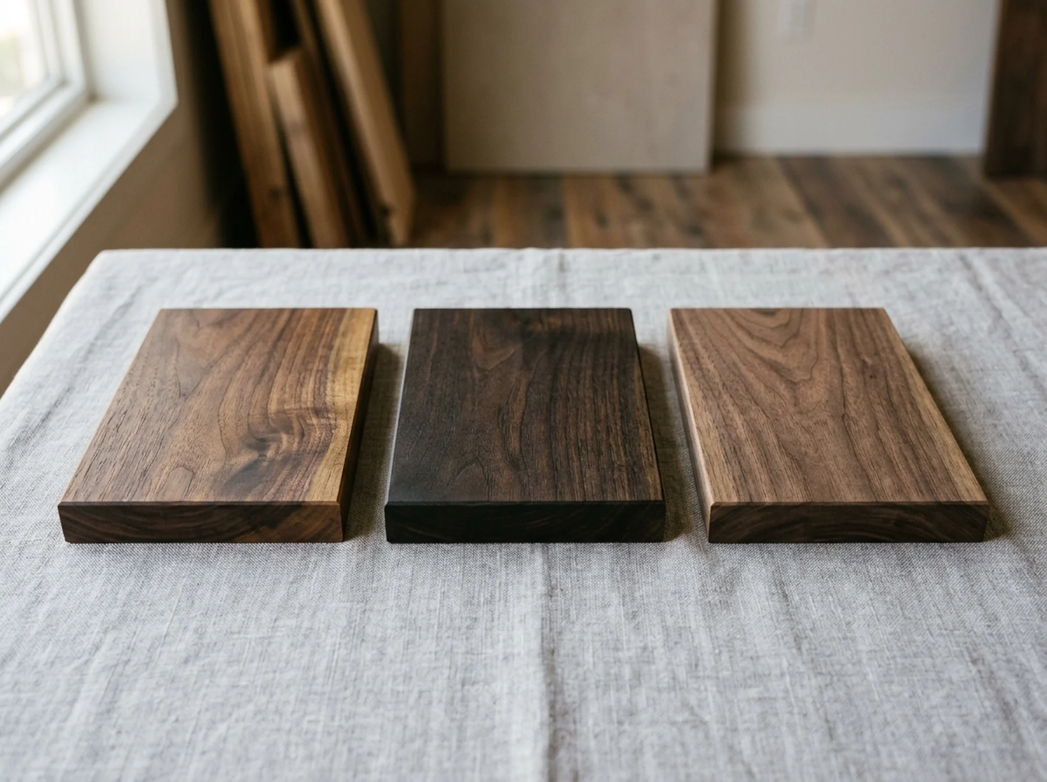 Three Black Walnut finish samples on a clean linen surface — studio backdrop — Fargo Woodworks