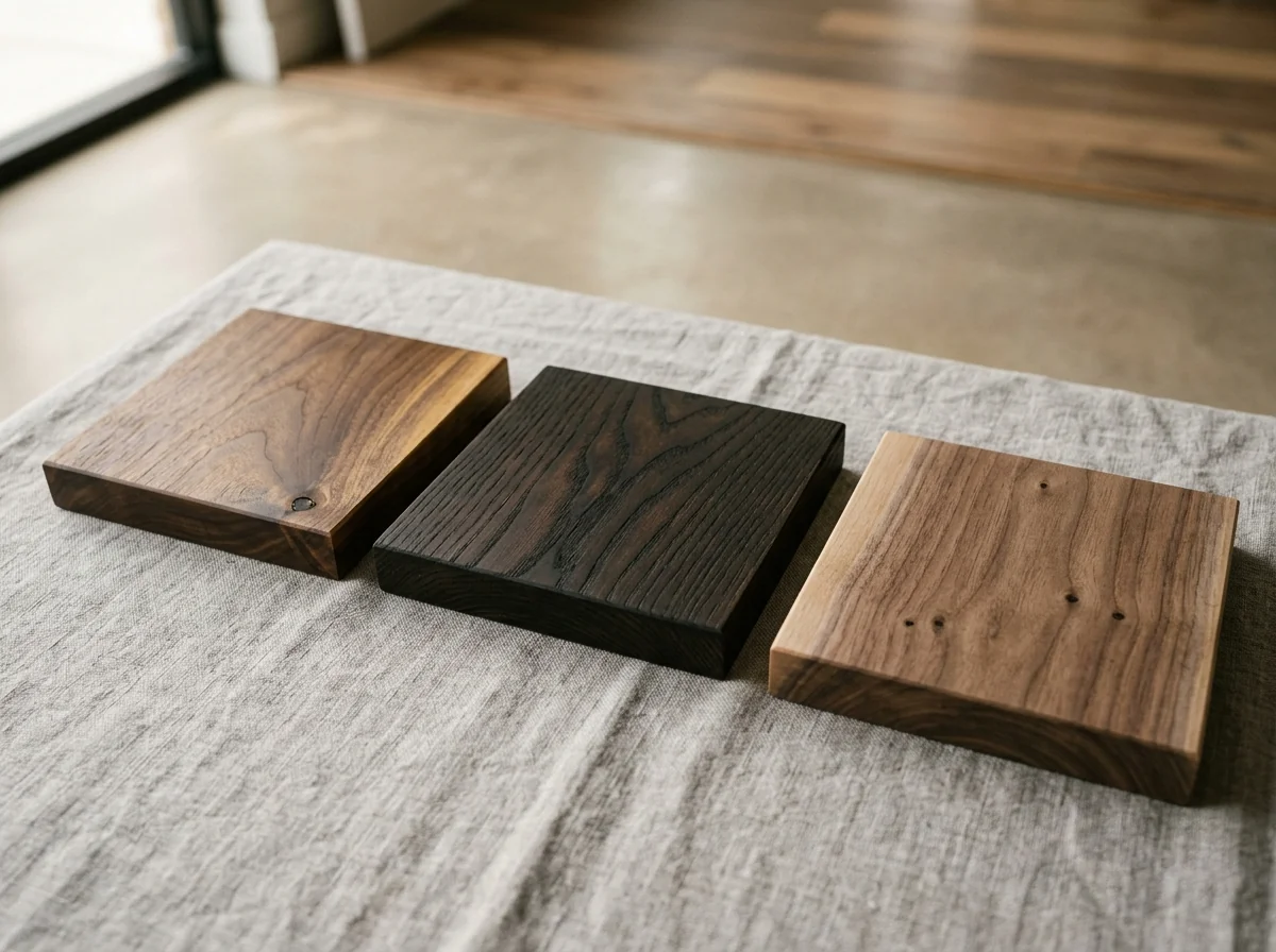 Three Black Walnut finish samples on a clean linen surface — studio backdrop — Fargo Woodworks
