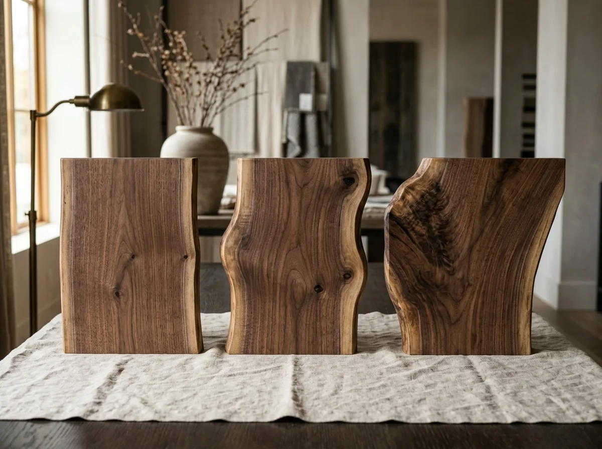 Three Black Walnut samples showing subtle, moderate, and pronounced live edge profiles, all sanded smooth — Fargo Woodworks