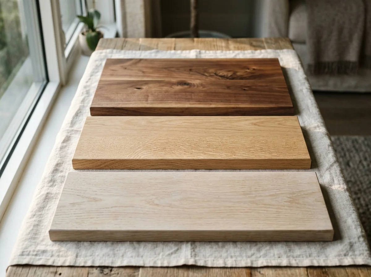 Three large rectangular wood samples laid side-by-side: Black Walnut, White Oak Rubio Natural, White Oak Cotton White — Fargo Woodworks