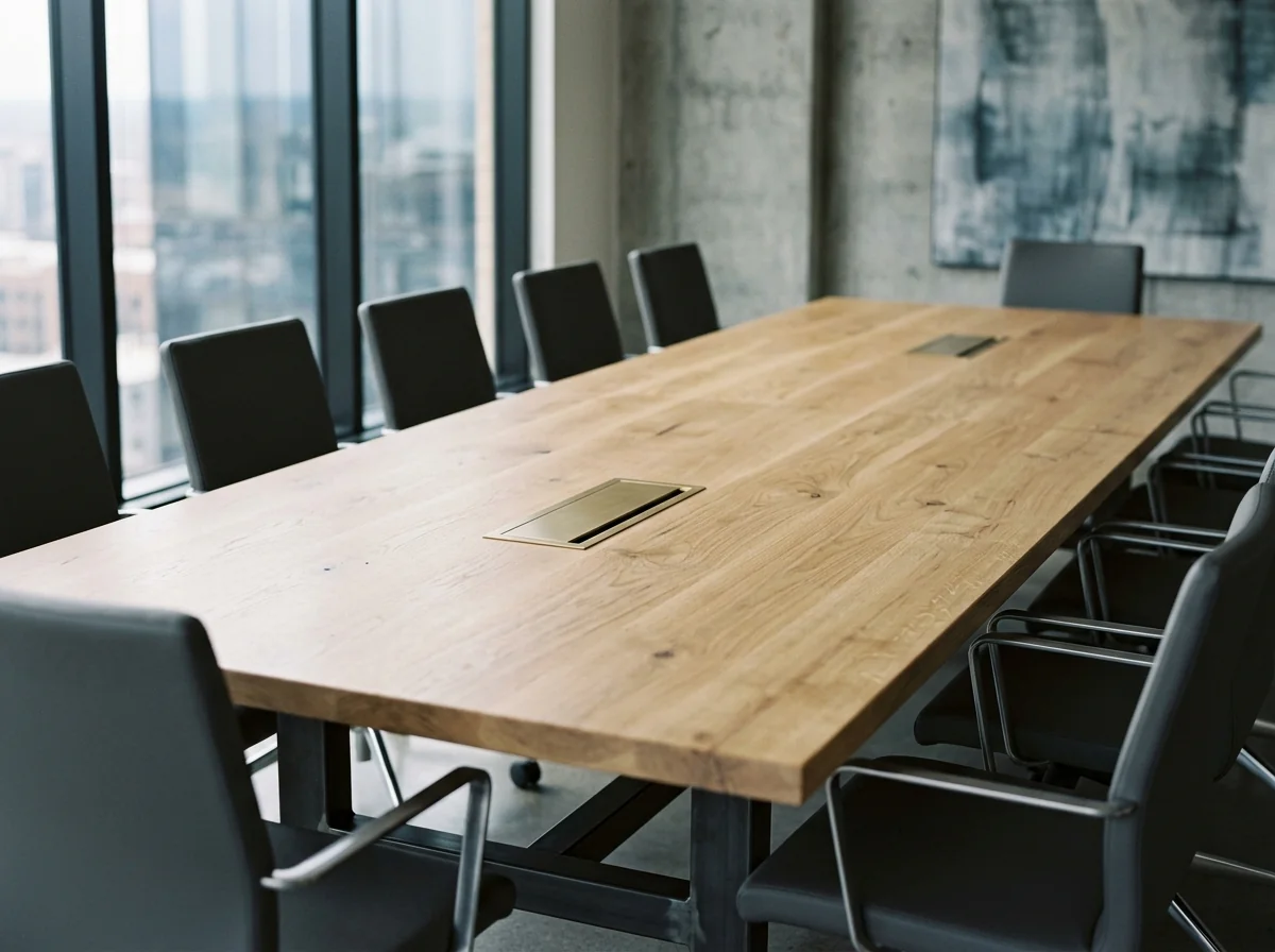 Three-quarter view of a White Oak conference table with discreet brushed-brass pop-up power modules and steel base — Fargo Woodworks