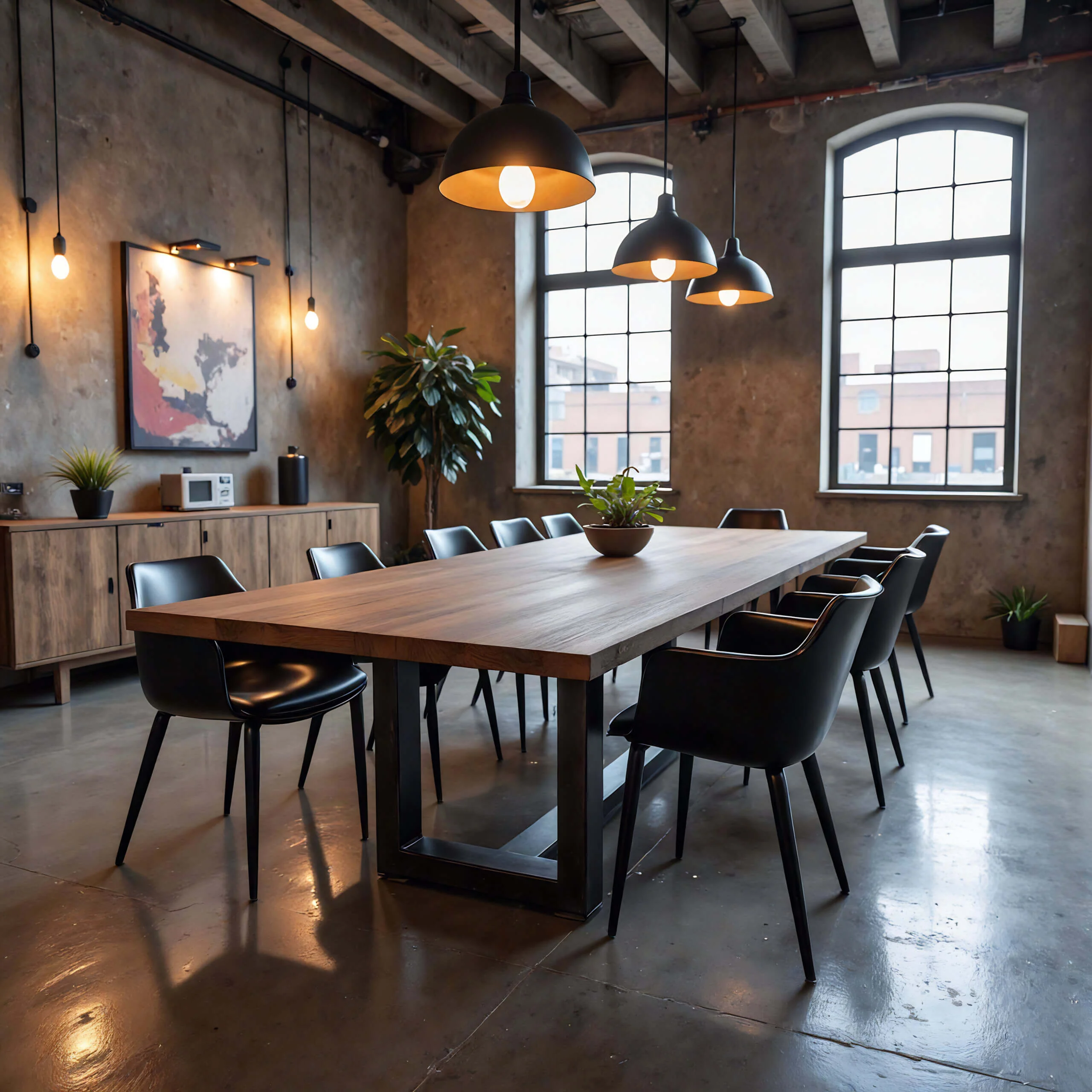 The Timberline Conference Table in solid wood with black chairs — Fargo Woodworks
