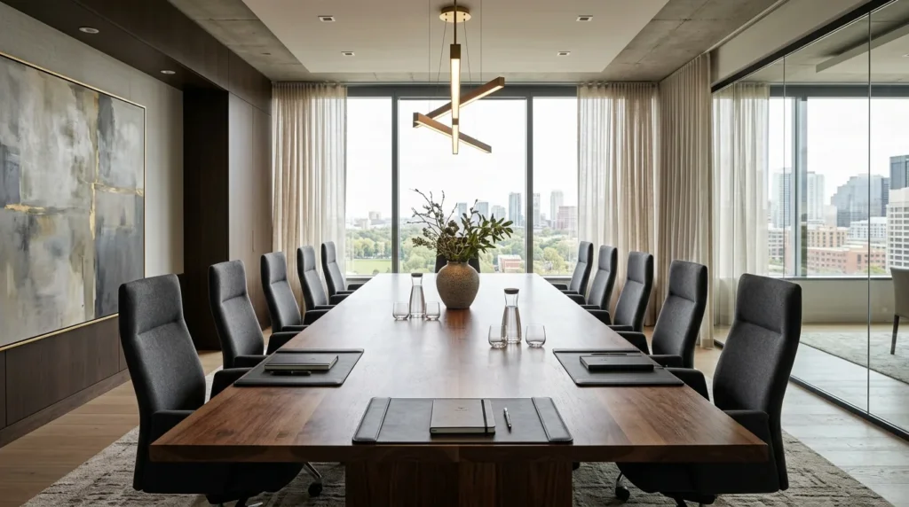 Twelve-foot Black Walnut conference table in a sun-flooded modern boardroom with eighteen executive chairs — Fargo Woodworks