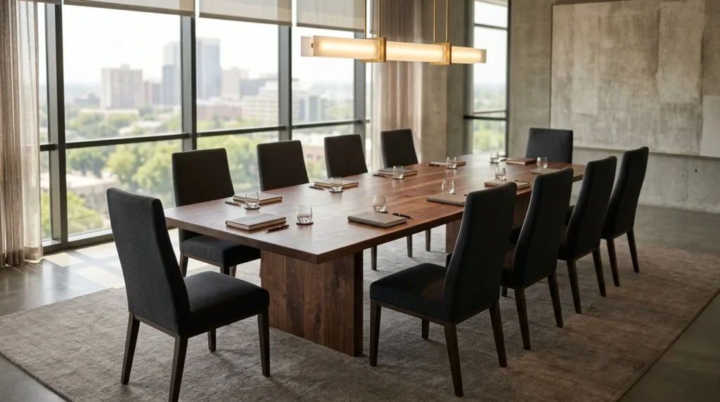 Twelve-foot Black Walnut conference table for twelve in a sun-flooded modern boardroom — Fargo Woodworks