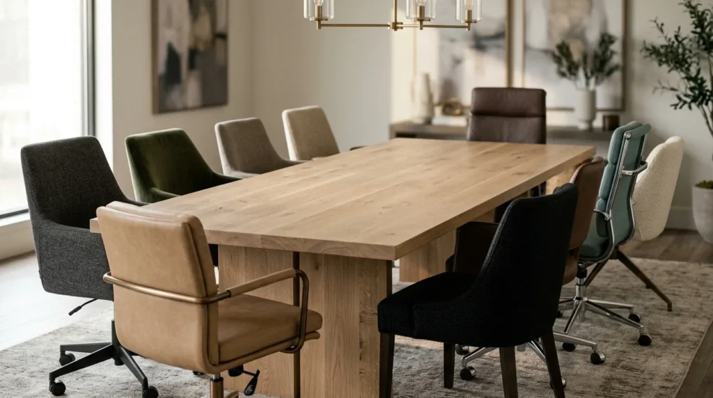Twelve-foot White Oak conference table with eight upholstered executive chair styles — Fargo Woodworks