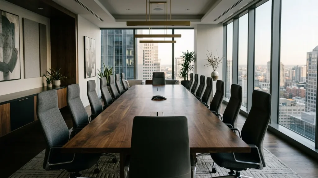 Twenty-foot Black Walnut conference table in a corporate boardroom with city skyline and twenty executive chairs — Fargo Woodworks