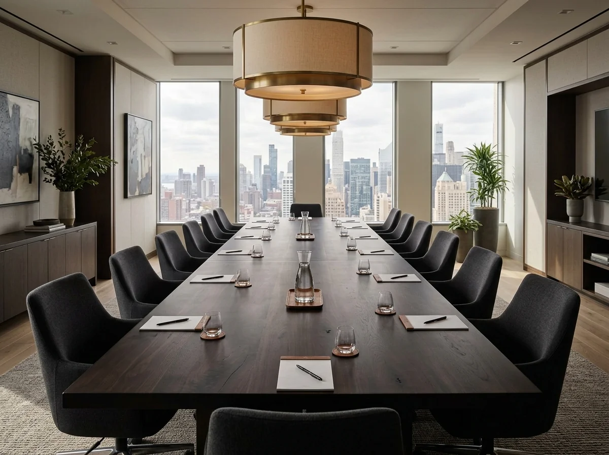 Twenty-foot Black Walnut Rubio Black executive conference table in a corporate boardroom with city skyline view — Fargo Woodworks