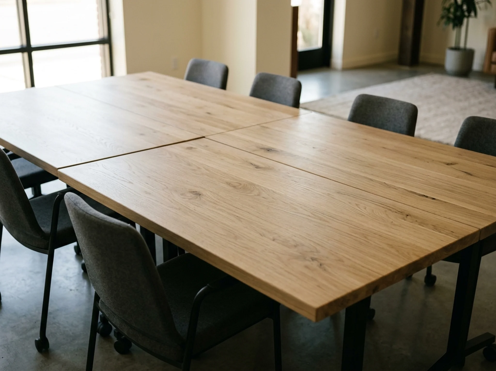 Two adjacent White Oak conference tables in a modular educational training room — Fargo Woodworks