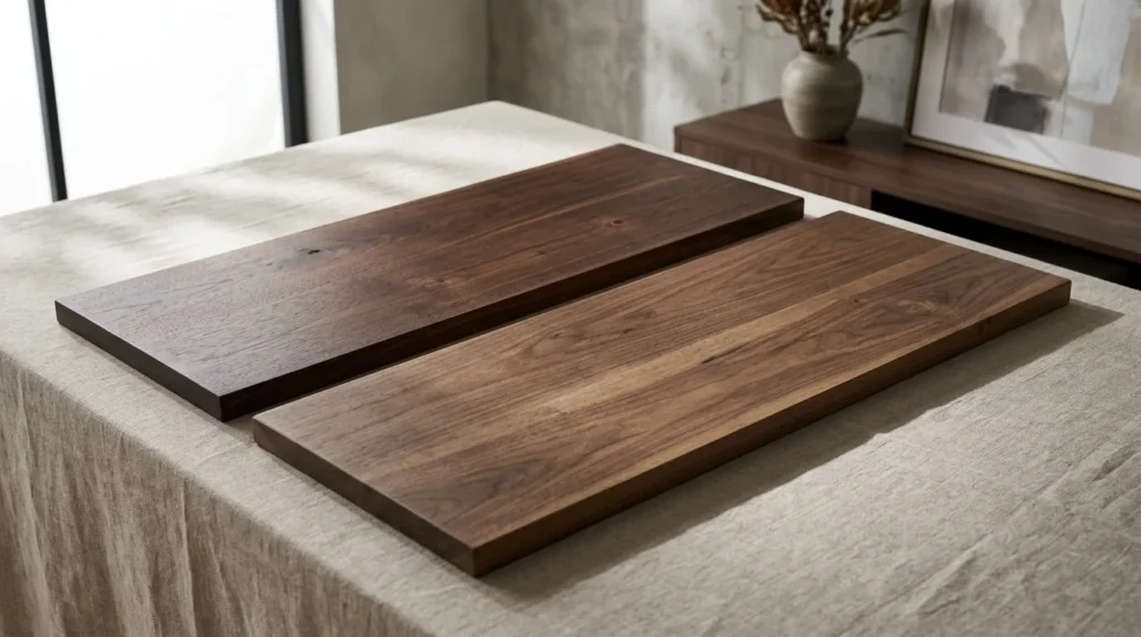 Two large rectangular wood samples laid side by side on linen — Black Walnut and standard walnut comparison — Fargo Woodworks