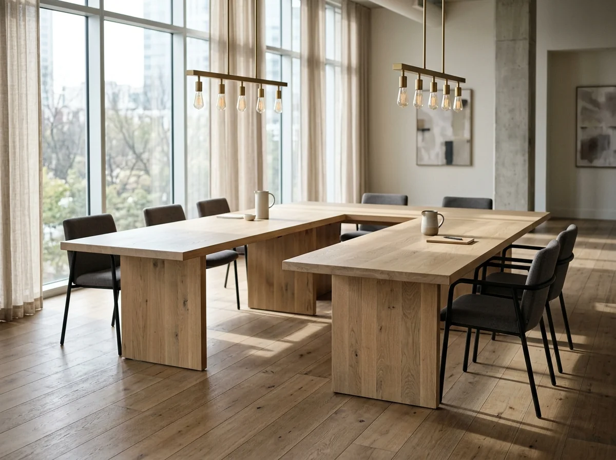 Two White Oak conference tables in a modular training room layout — Fargo Woodworks