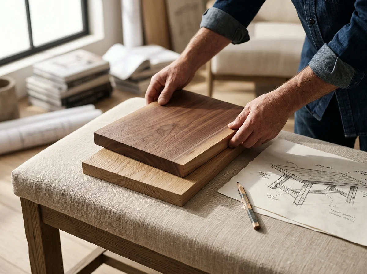 Two wood samples — Black Walnut and White Oak — placed on a linen-covered bench with a dining-table sketch — Fargo Woodworks