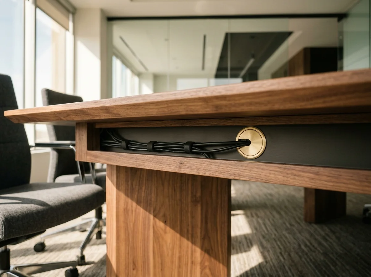 Underside cable-management channel and brass grommet on a Black Walnut conference table — Fargo Woodworks