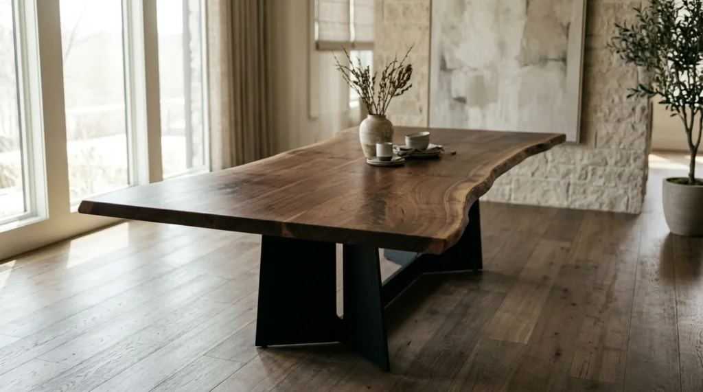 Unique Black Walnut LIVE EDGE dining table for eight with sculptural blackened-steel base — Fargo Woodworks