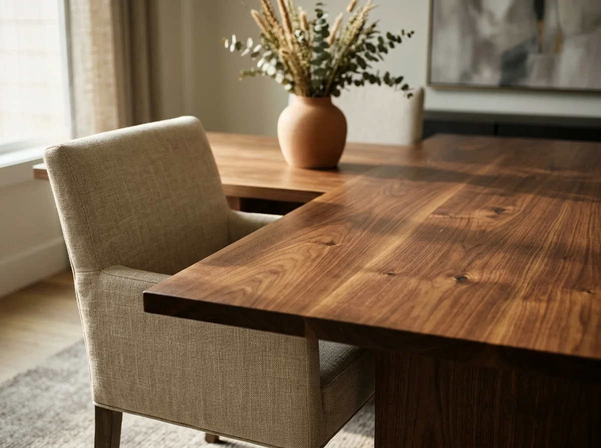 Upholstered fabric guest chair in oat linen at a Black Walnut conference table — Fargo Woodworks
