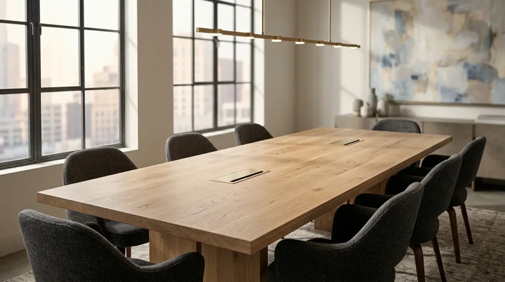 White Oak conference table with discreet brushed-brass pop-up power-and-data hatches — Fargo Woodworks