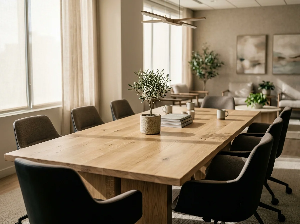 White Oak conference table for eight in a serene healthcare meeting room with biophilic touches — Fargo Woodworks