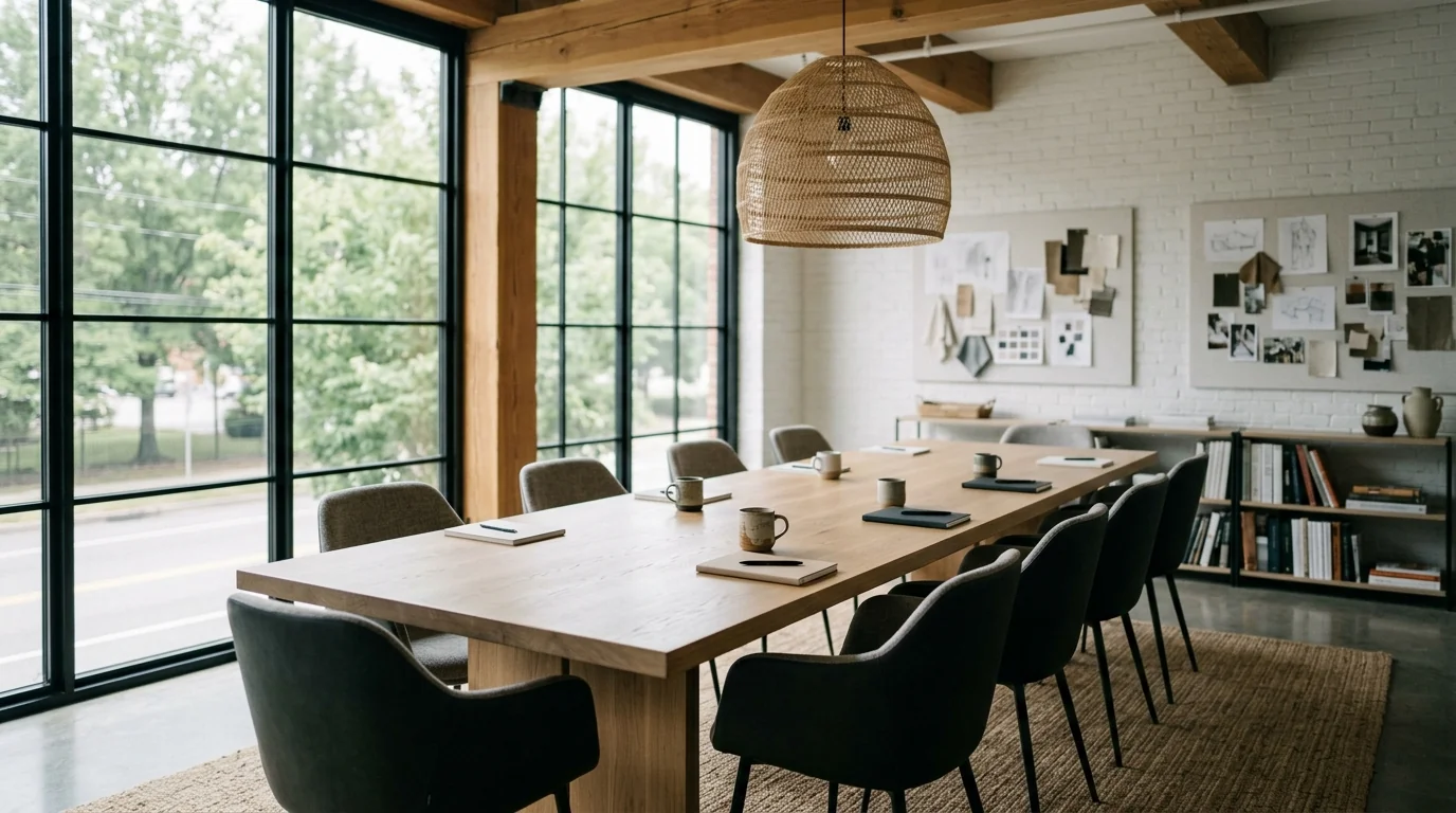 White Oak conference table for ten in a creative design studio with natural-fiber pendant — Fargo Woodworks