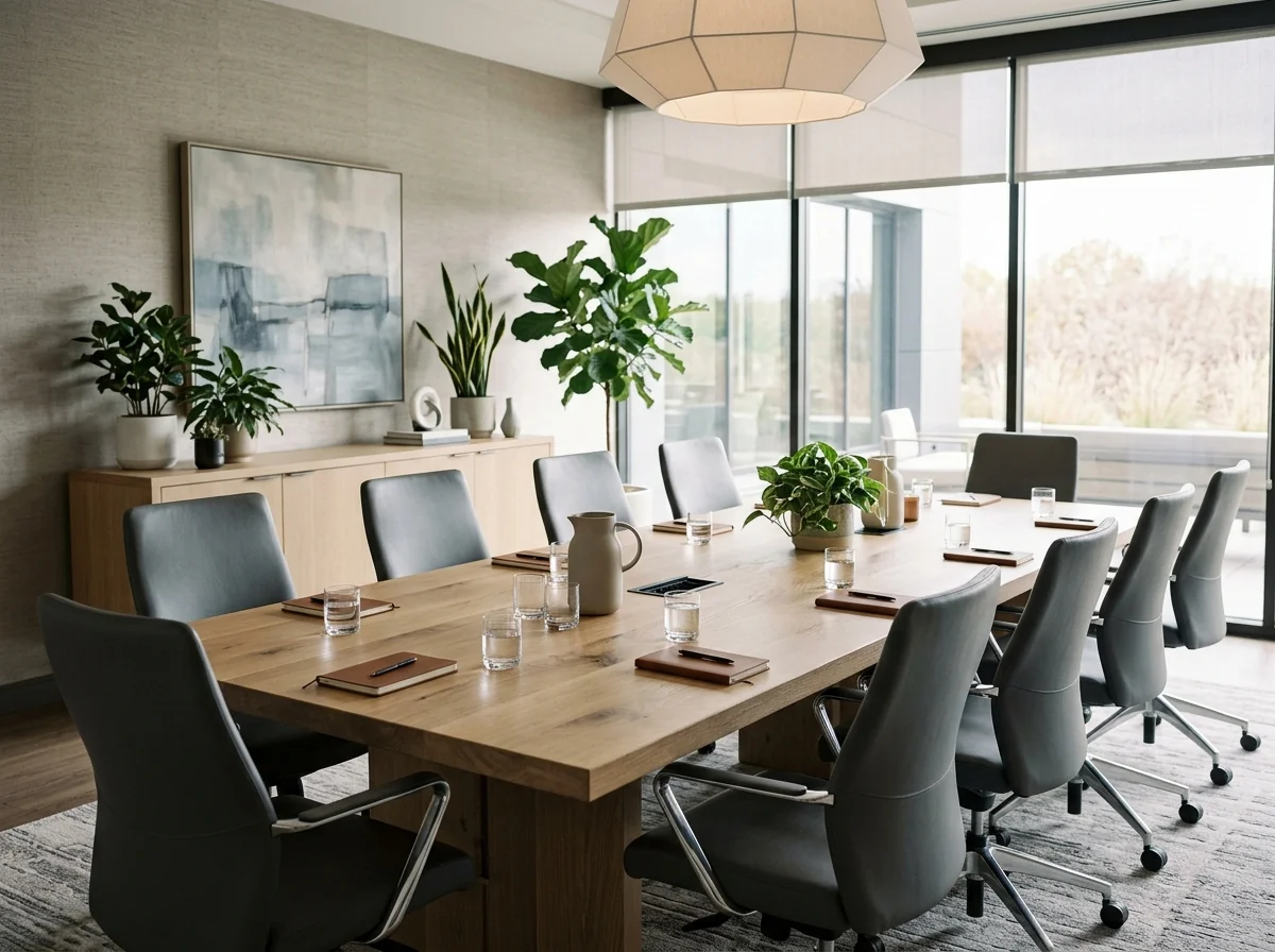White Oak conference table for twelve in a modern healthcare boardroom with biophilic plants — Fargo Woodworks