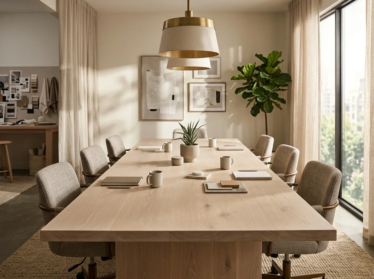 White Oak Cotton White conference table with eight chairs in a design studio meeting space — Fargo Woodworks