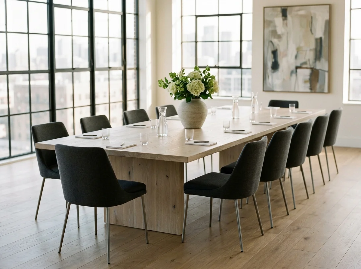 White Oak Cotton White conference table for fourteen in a bright contemporary boardroom — Fargo Woodworks