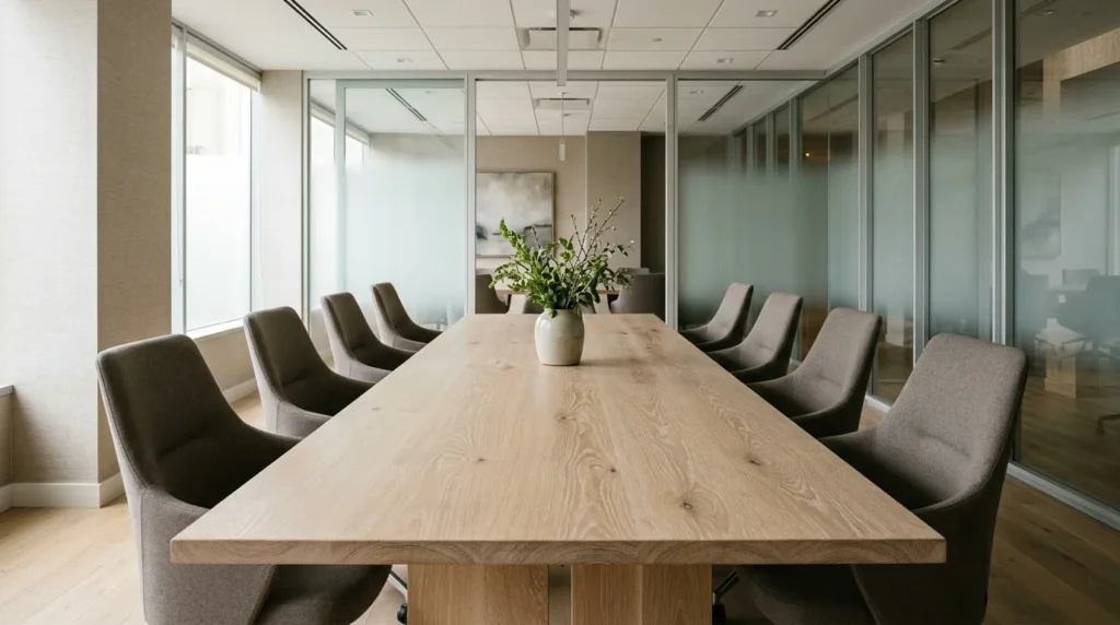 White Oak Cotton White conference table for ten in a calm healthcare conference room — Fargo Woodworks