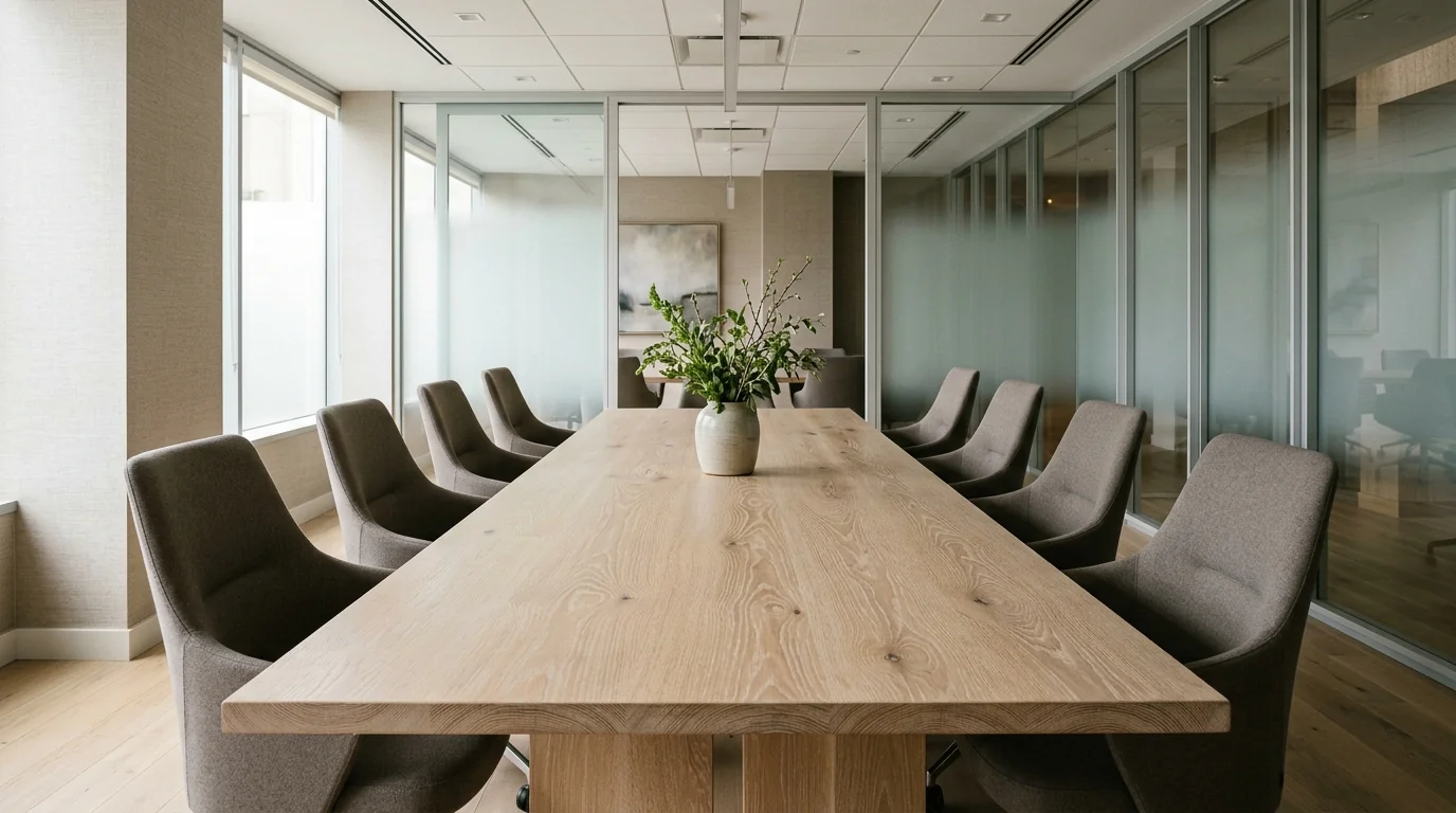 White Oak Cotton White conference table for ten in a calm healthcare conference room — Fargo Woodworks