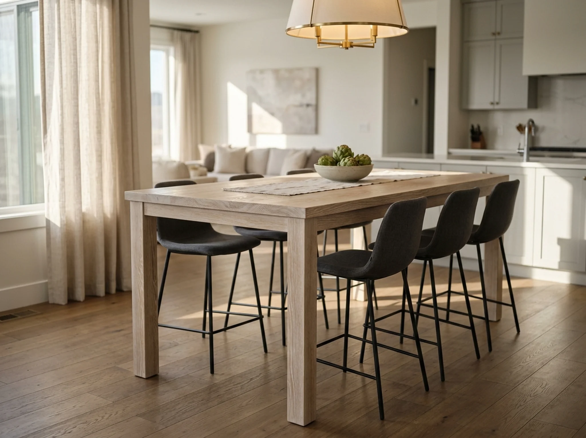 White Oak Cotton White counter-height table in a bright open-plan kitchen-dining area — Fargo Woodworks