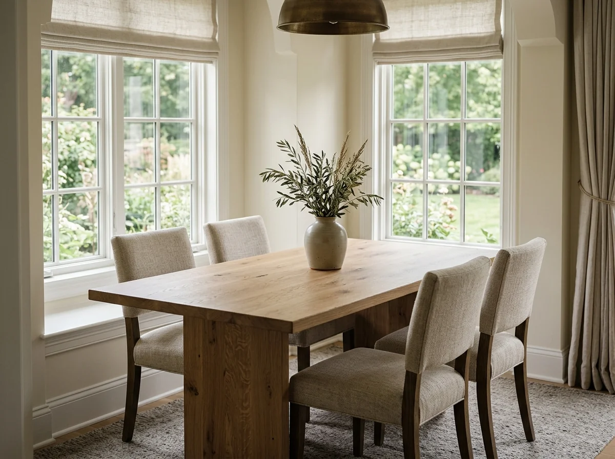 White Oak dining table custom-fit between two windows with four upholstered chairs — Fargo Woodworks