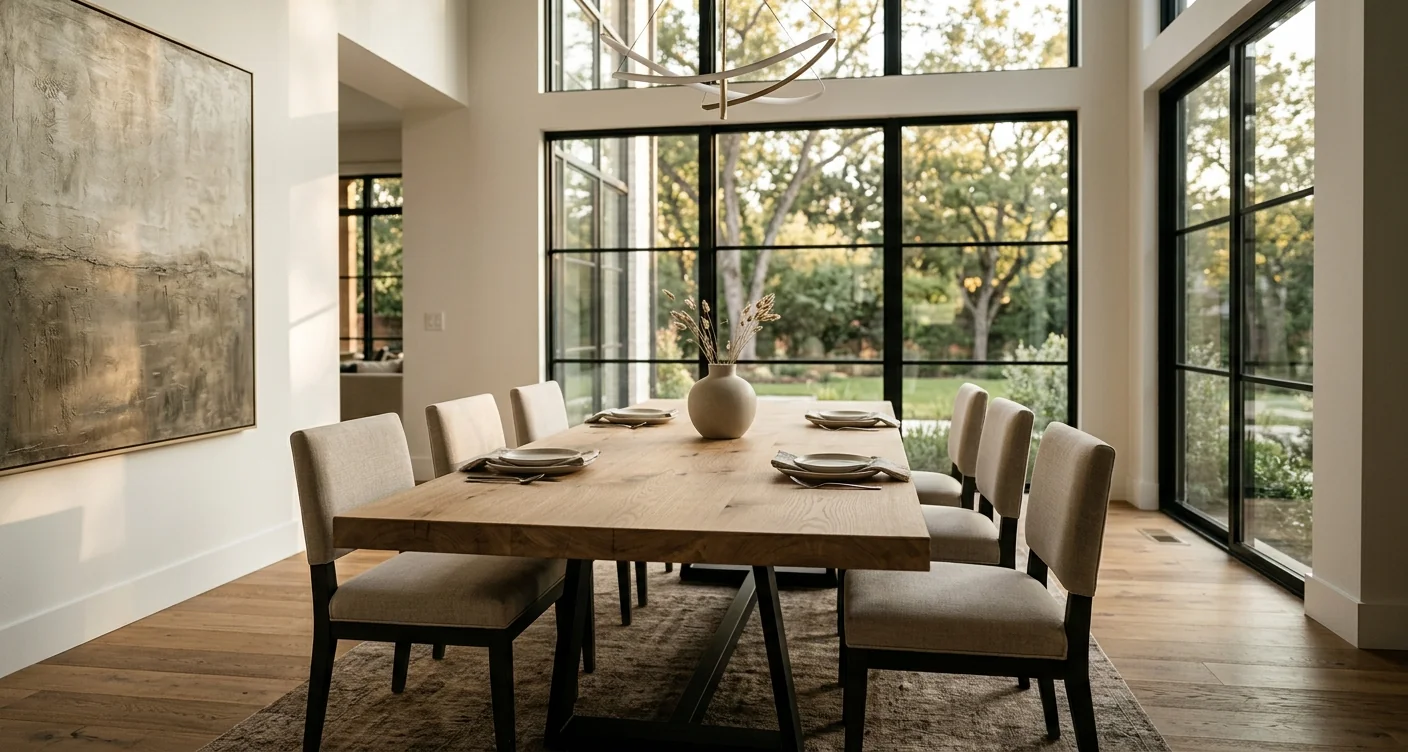 White Oak dining table with steel base in modern dining room — Fargo Woodworks