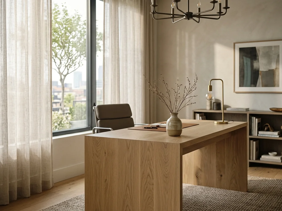 White Oak executive desk with ergonomic leather chair in a private office — Fargo Woodworks