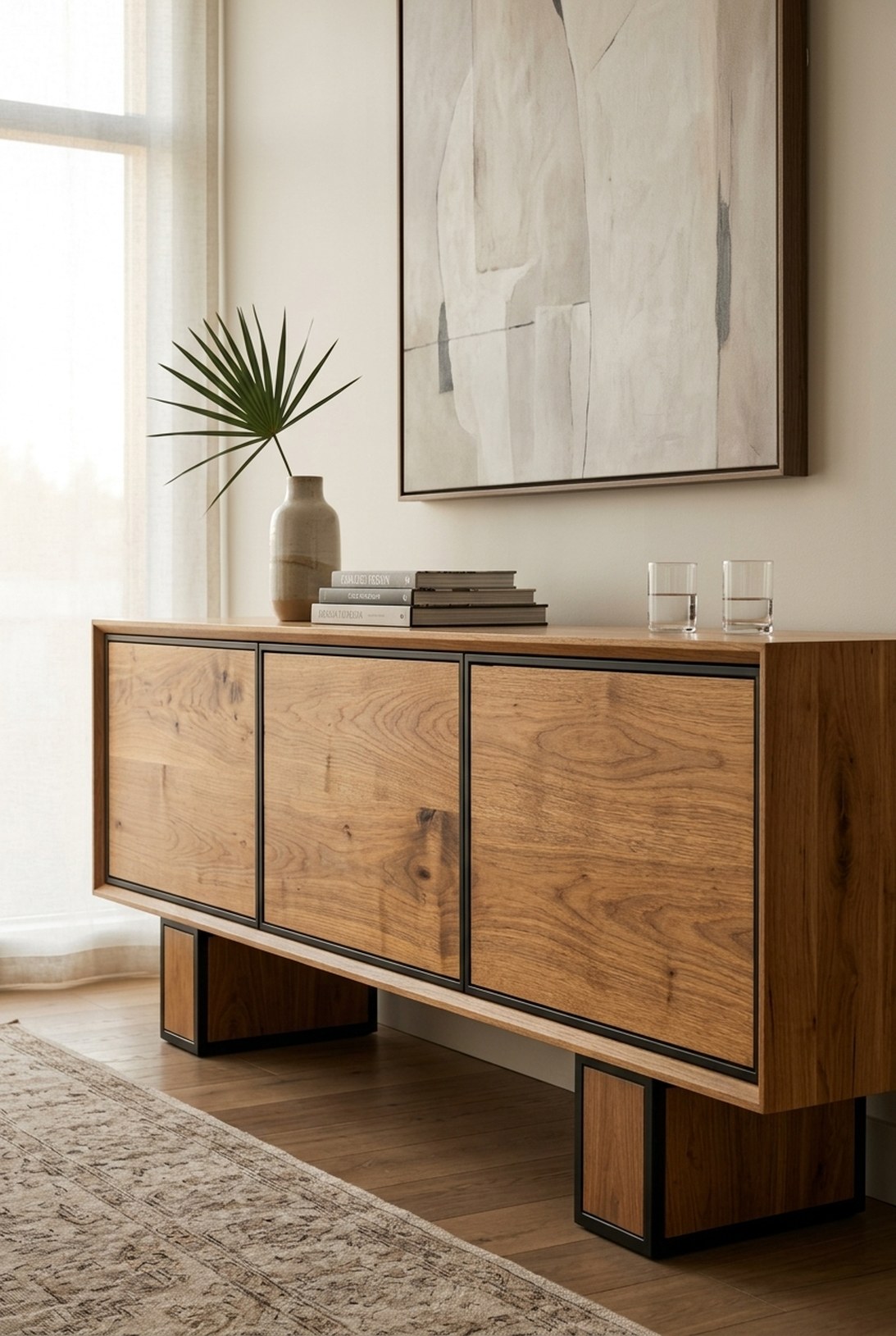 Solid white oak office credenza with steel-framed doors in a design firm office — Fargo Woodworks