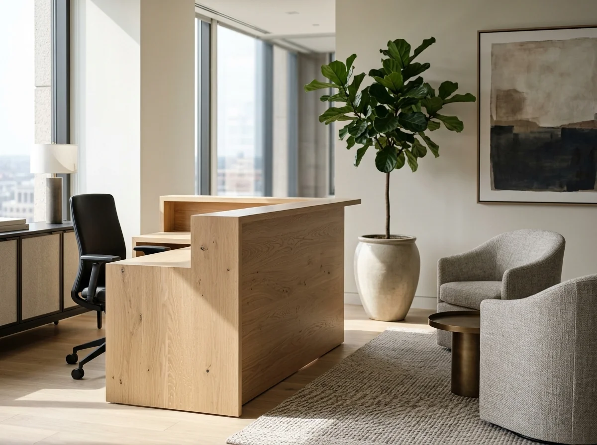 White Oak reception desk in a sunlit reception area with two upholstered guest chairs — Fargo Woodworks