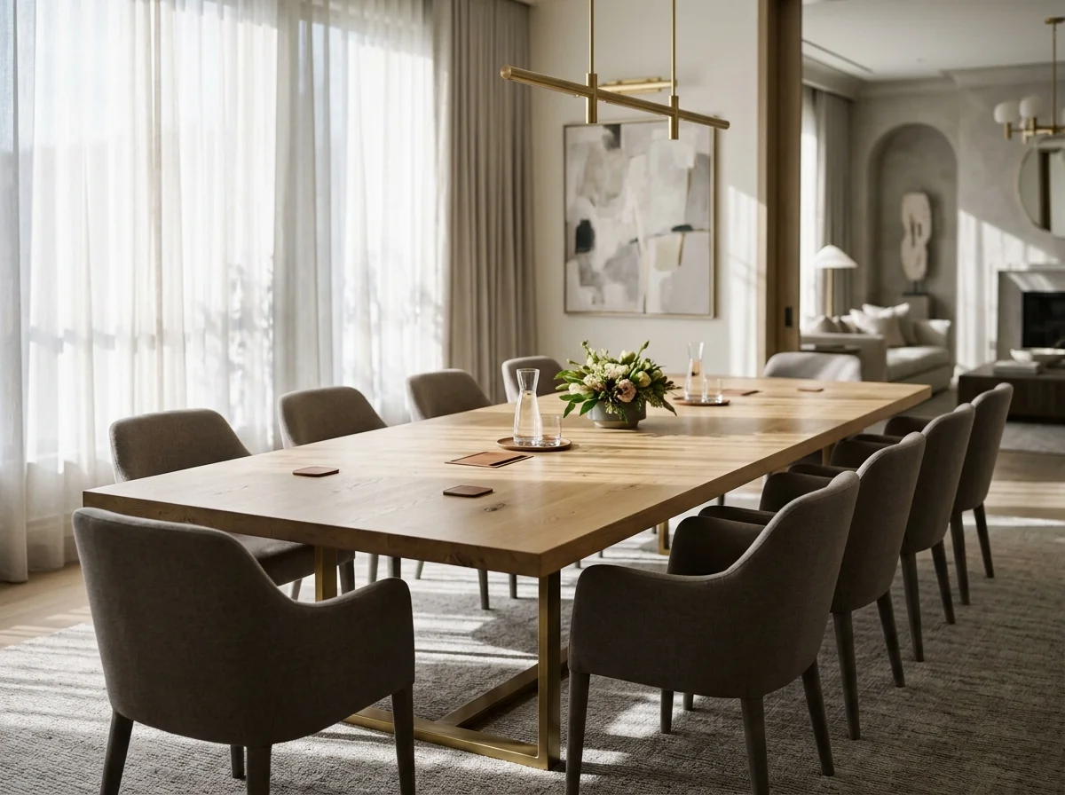 White Oak Rubio Natural conference table with brass-and-steel base in a quiet luxury boardroom — Fargo Woodworks