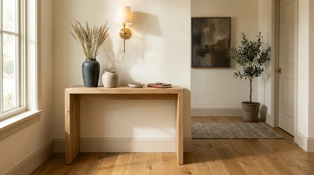 White Oak Rubio Natural console table in a sunlit refined entryway with brass sconce — Fargo Woodworks